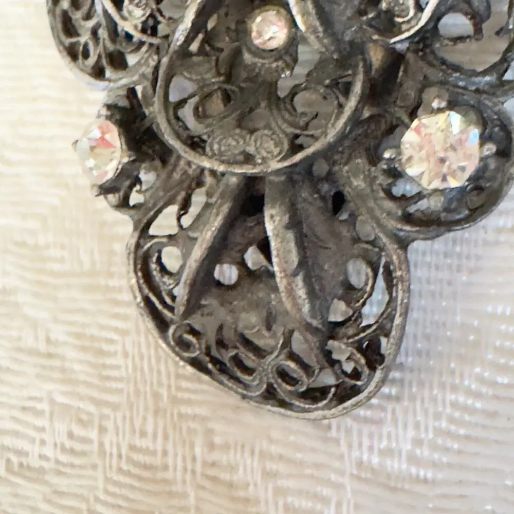 Vintage Art Nouveau Rhinestone Pot Metal Filigree and Flowers Dress Clip 1940s